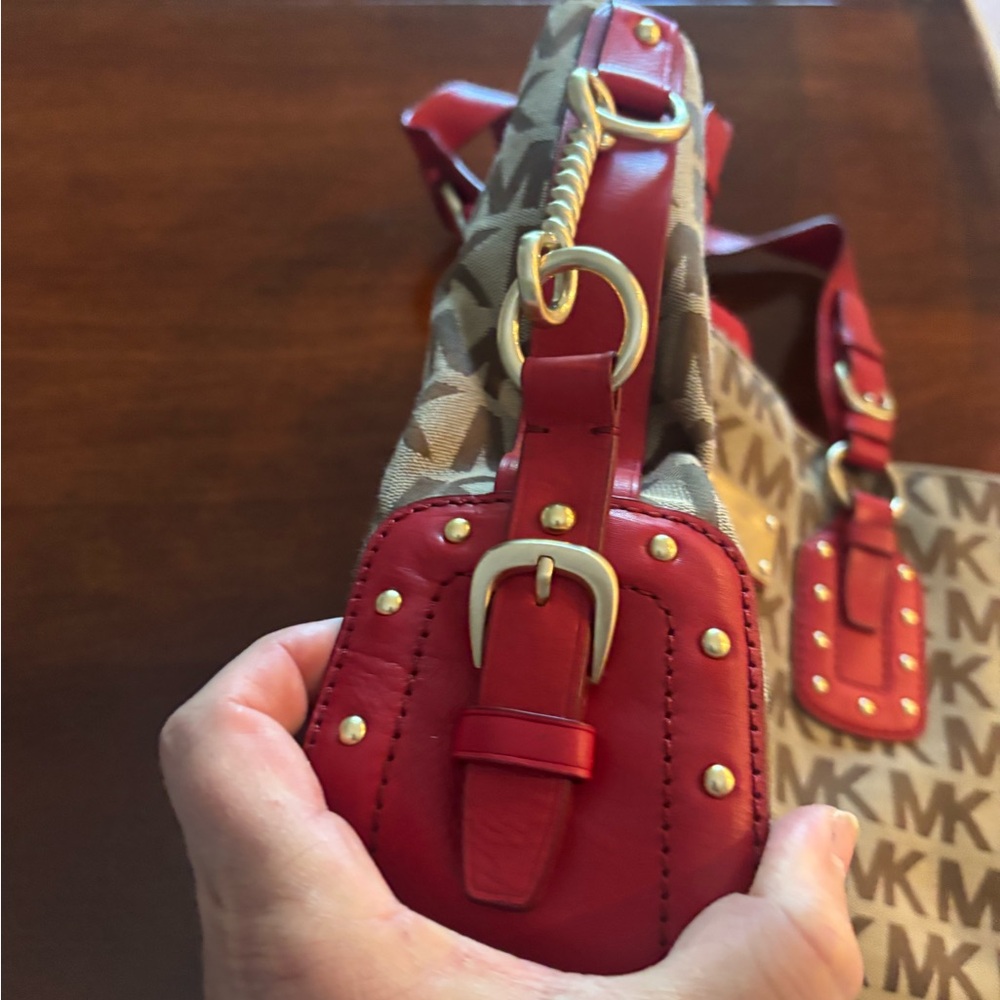 Michael Kors Red and Brown Tote Bag with Monogram Print - Picture 3 of 7